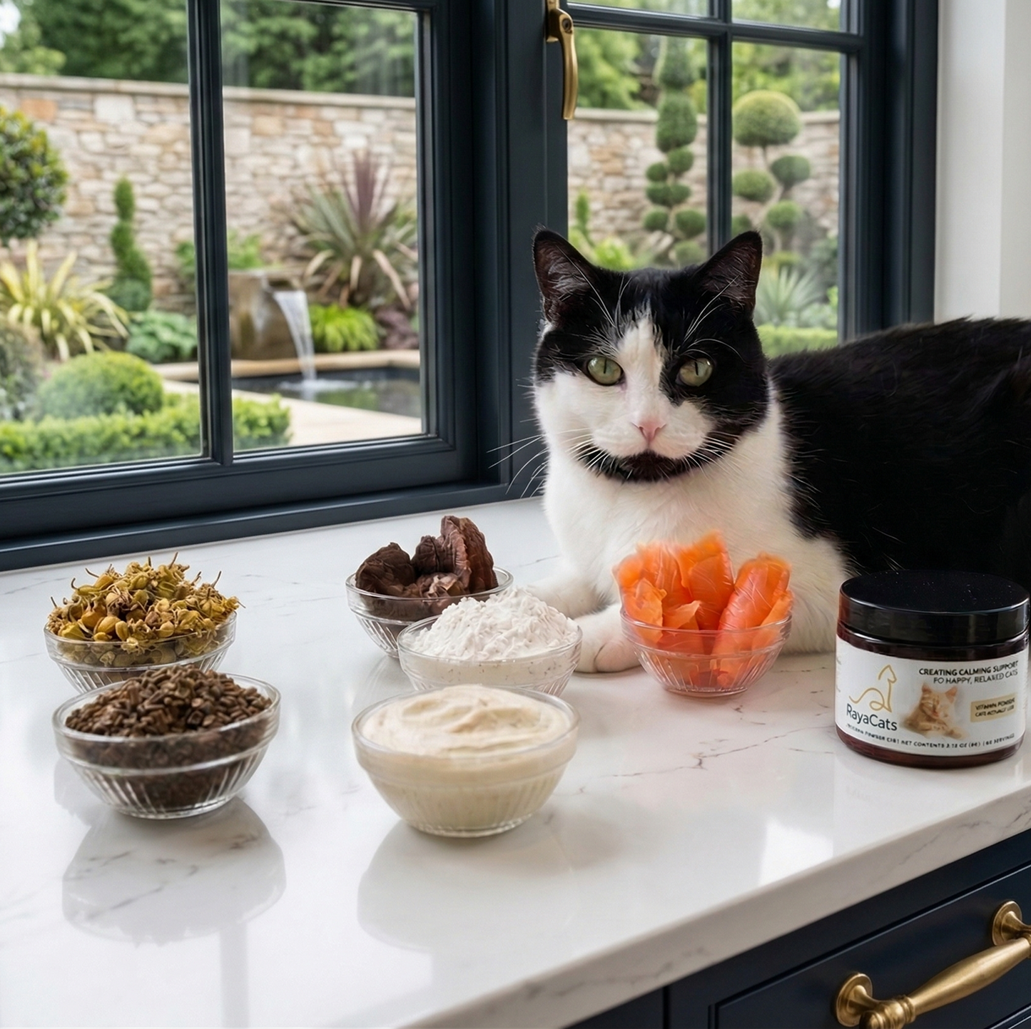 Cat sitting on a kitchen counter with various pet treats and a jar of pet food.
