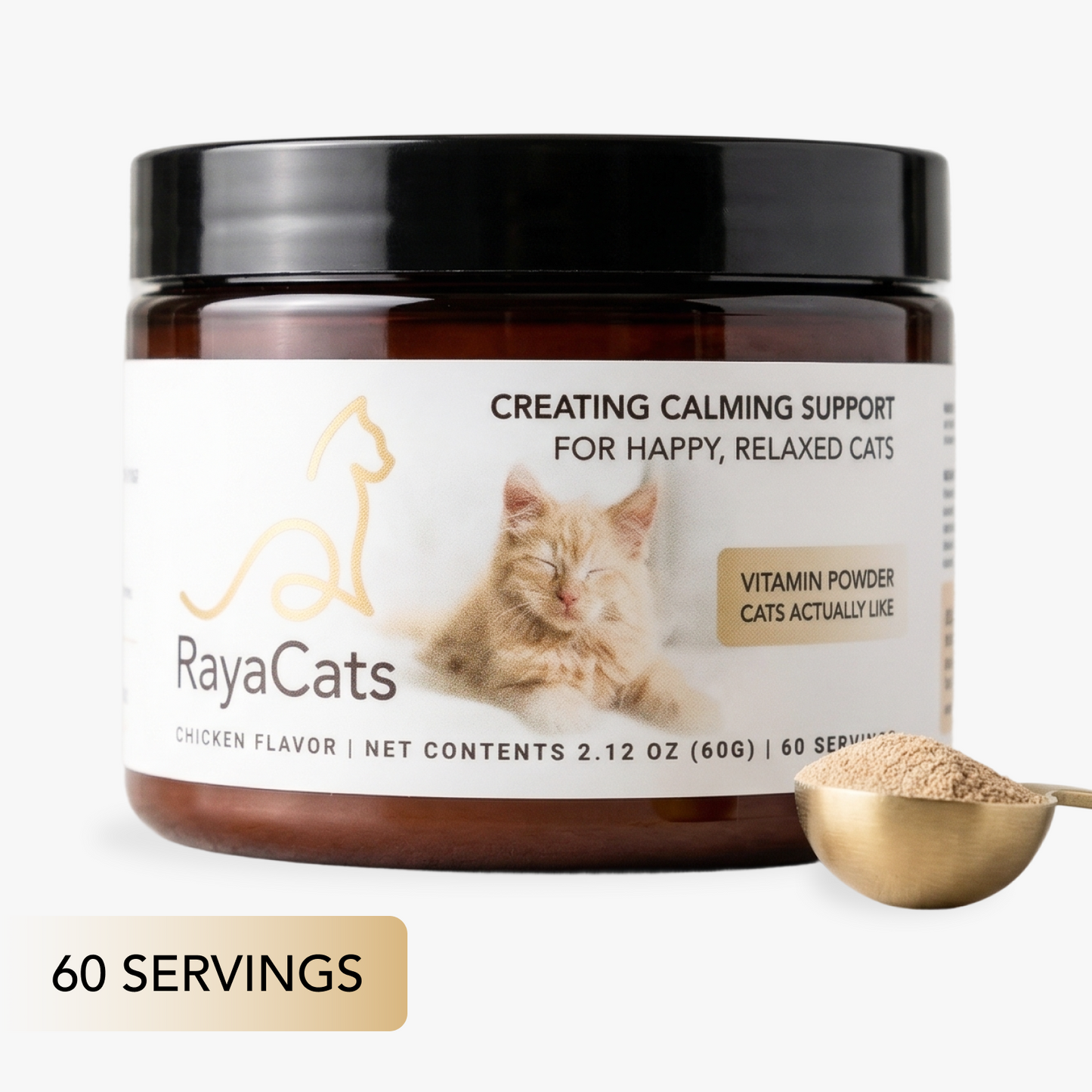 Jar of RayaCats cat vitamin powder with a kitten on the label