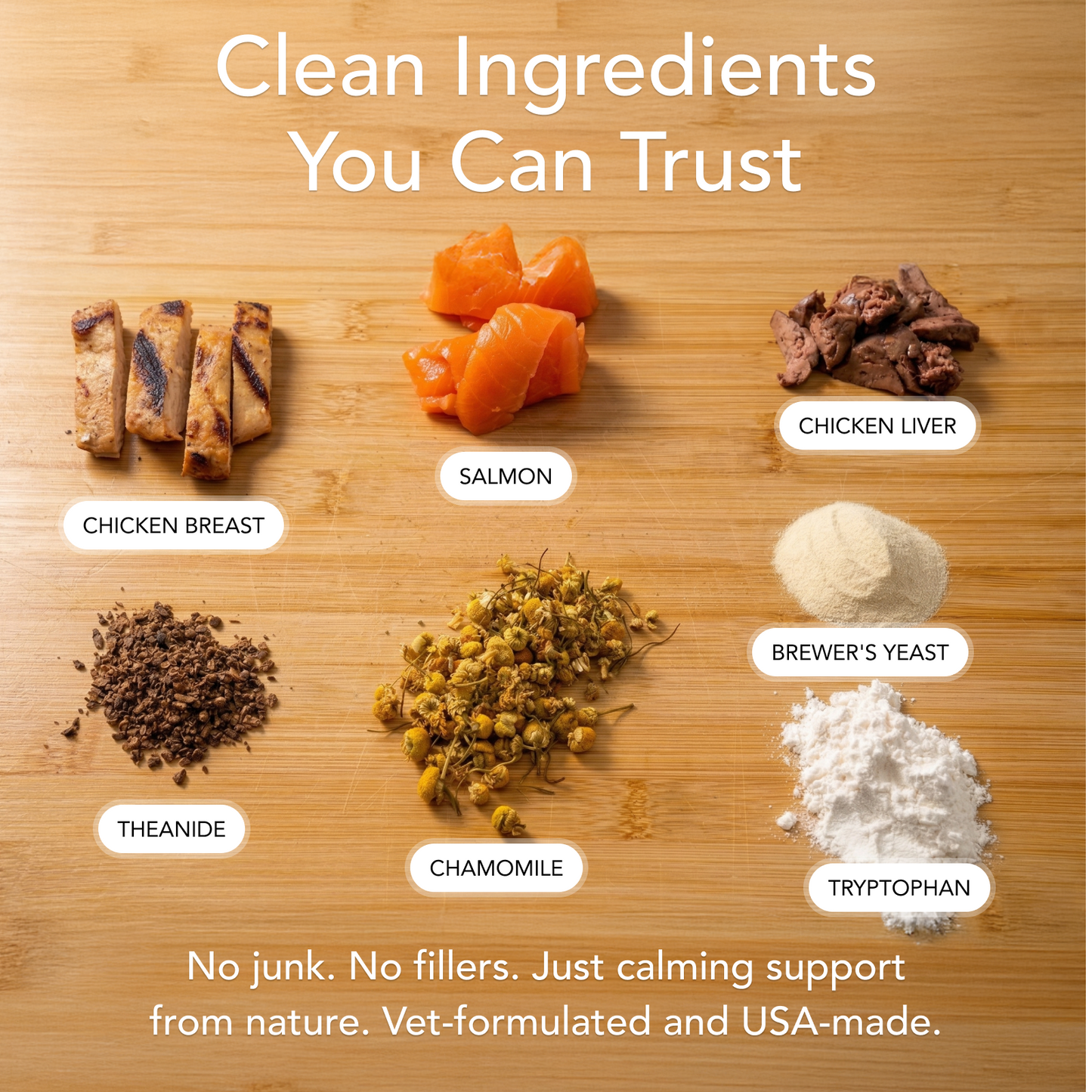 Ingredients displayed on a wooden surface with labels and text about product trustworthiness.