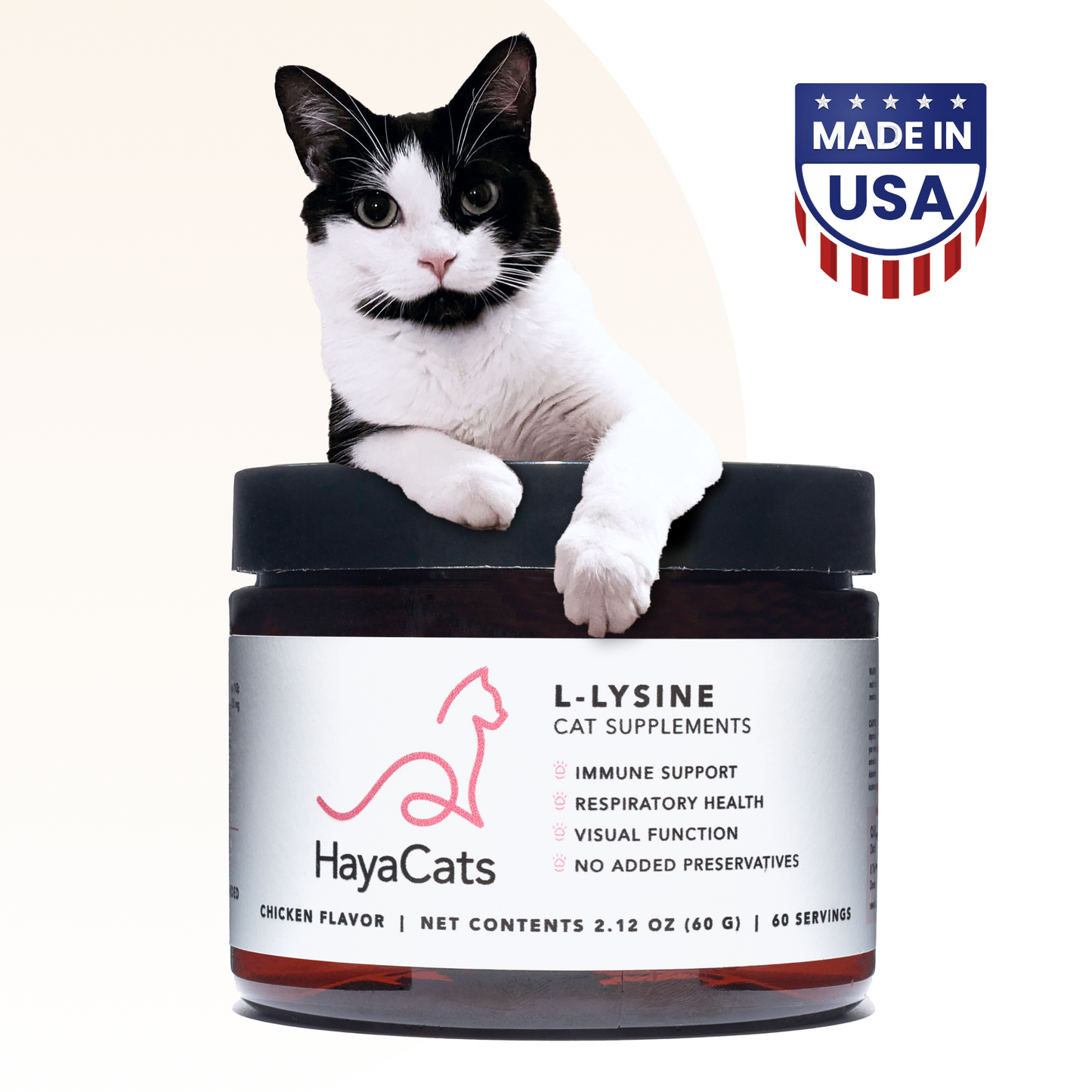 HayaCats L-Lysine Powder with black and white cat and Made in USA badge, showing supplement benefits like immune support, respiratory health, and visual function.
