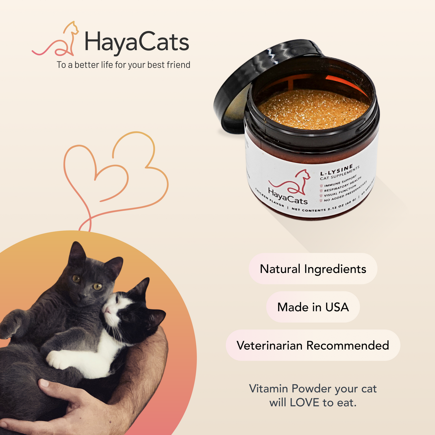 HayaCats L-Lysine Powder with open jar, two cats being held, and product highlights including natural ingredients, made in USA, and veterinarian recommended.